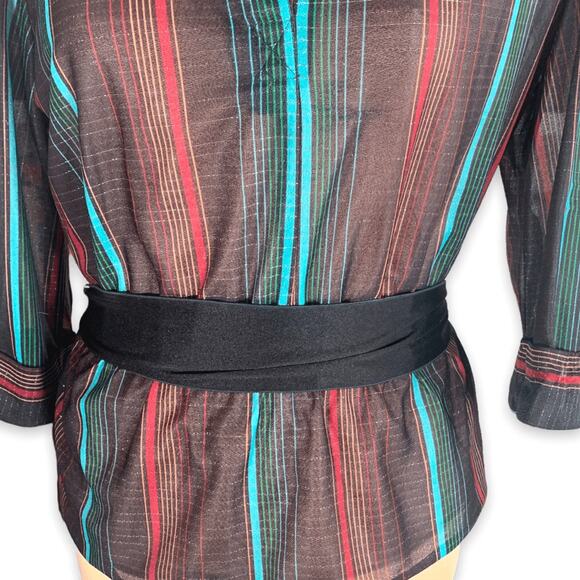 Vintage 80s Striped Sheer Blouse Black Burgundy Belted Waist Metallic Large - Picture 9 of 11